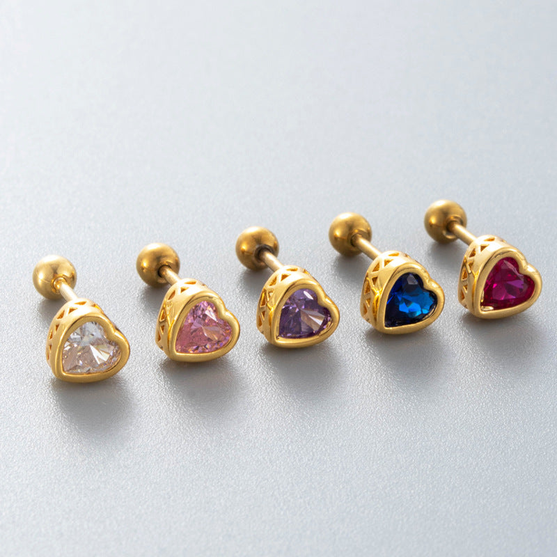 Loving Heart Zircon Ear Bone Pin Titanium Steel Screw Stud Earrings