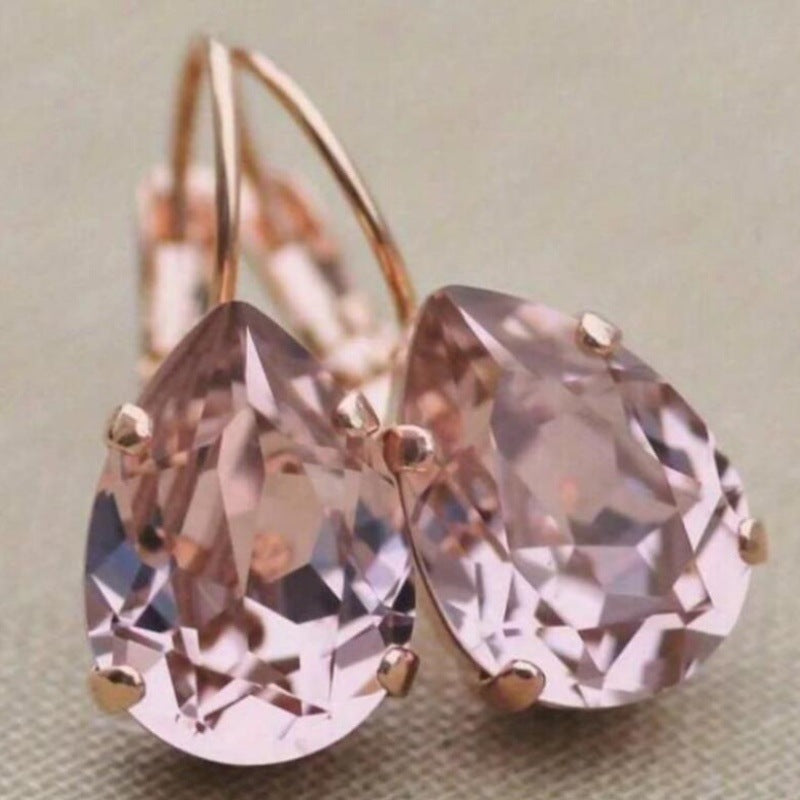 Gold Inlaid Pink Crystal Water Drop Stud Earrings