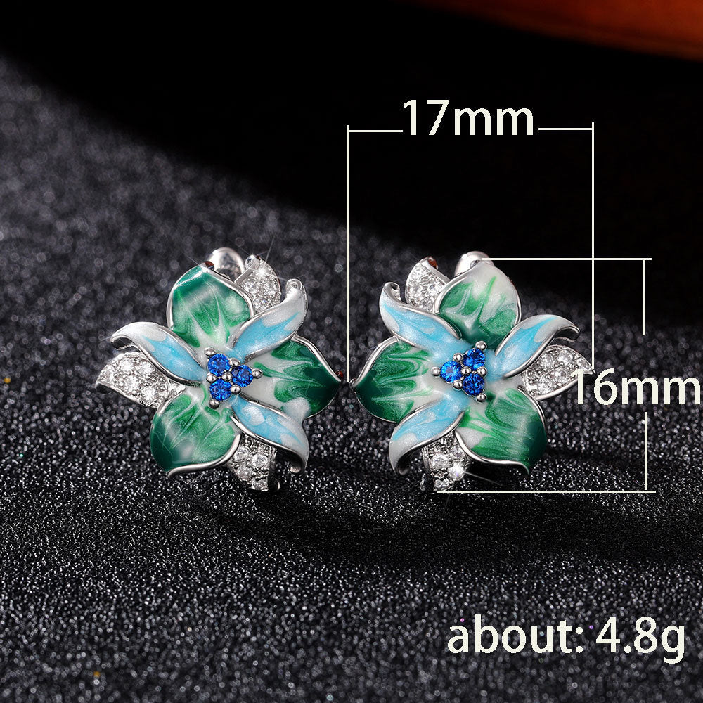 Shi Green Enamel Flower Epoxy Zircon Stud Earrings