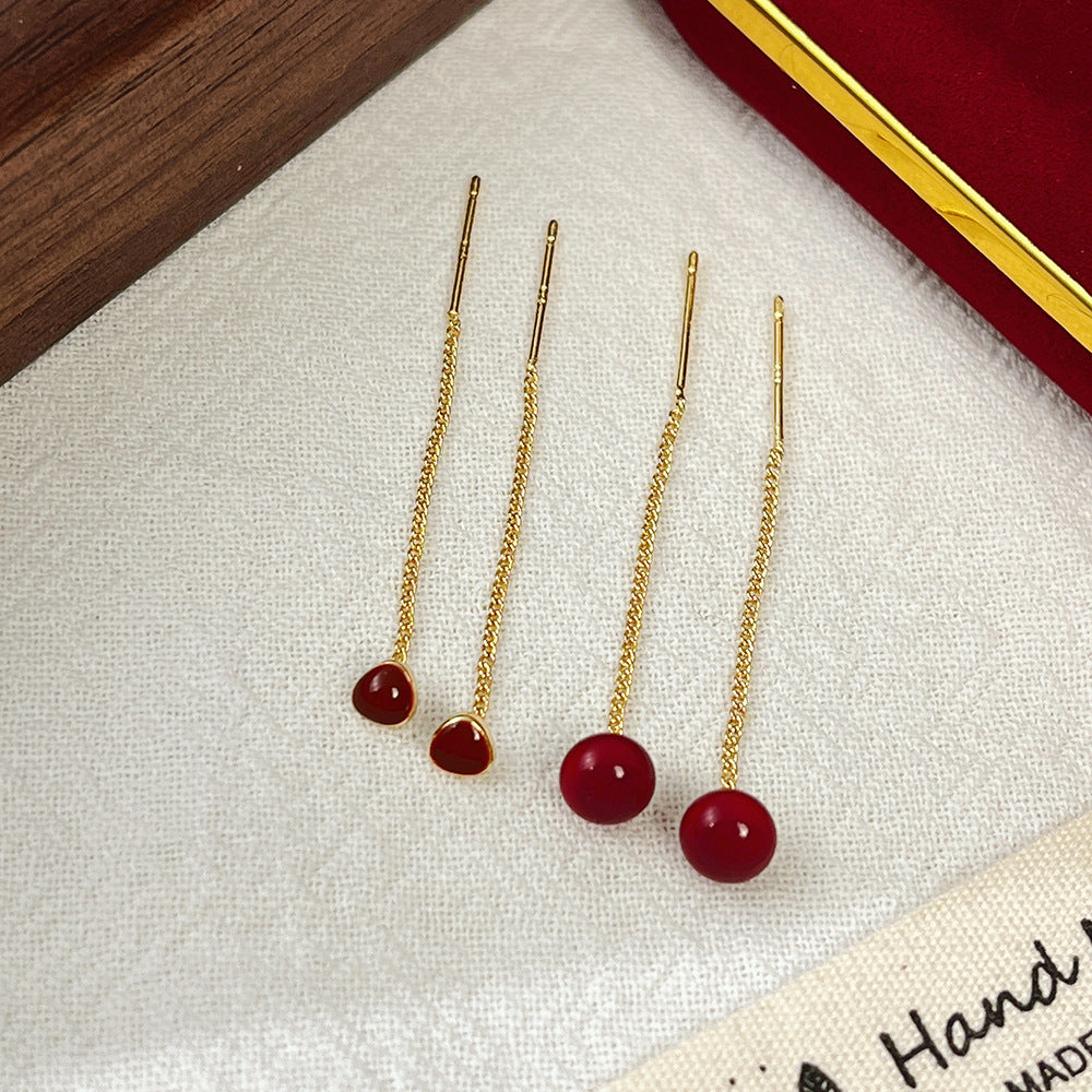Plating Affordable Luxury Fashion Red Beads Retro Drip Glazed Triangle Ear Line