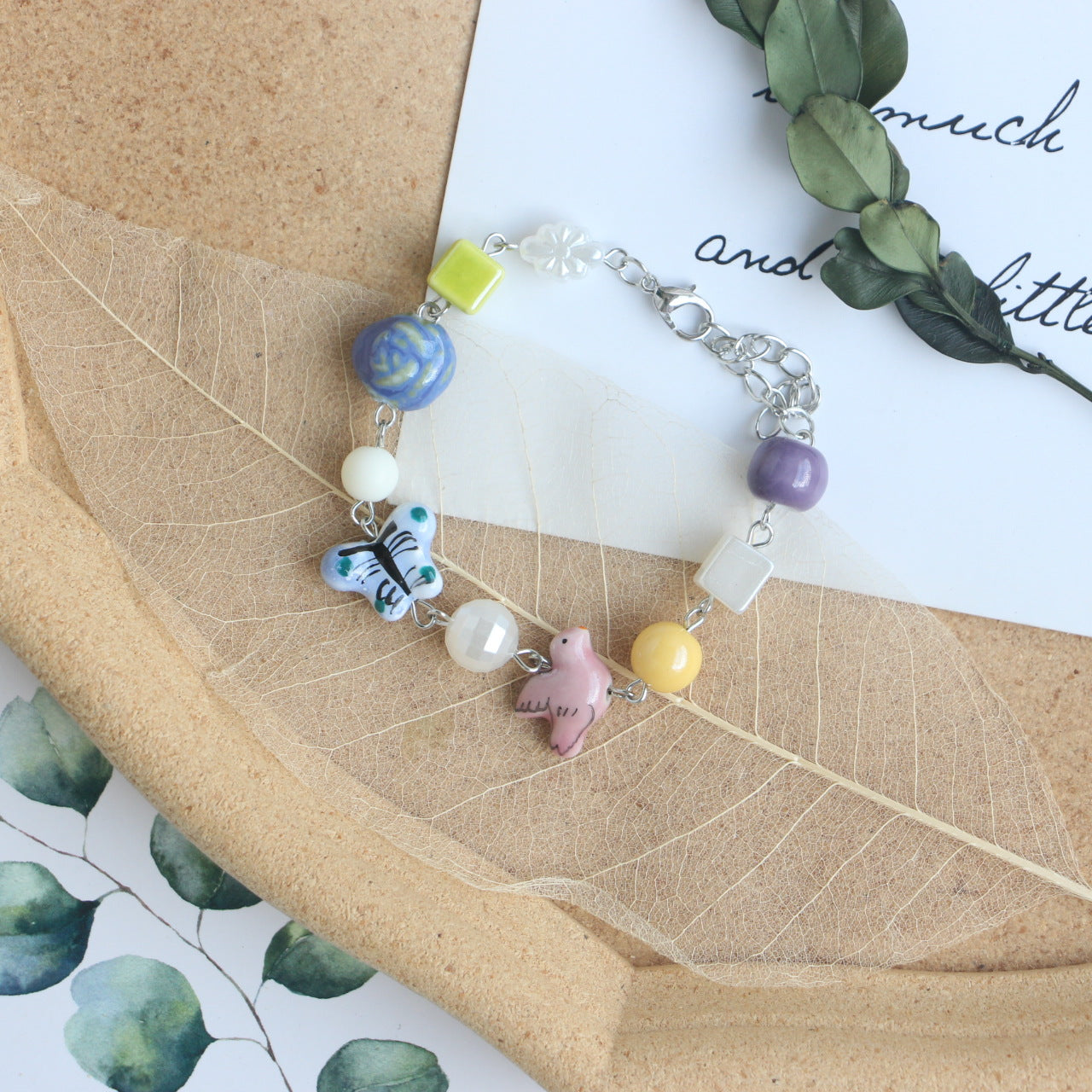 Niche Sweet Cute Stitching Style Cartoon Butterfly Tulip Glass Ceramic Bracelets