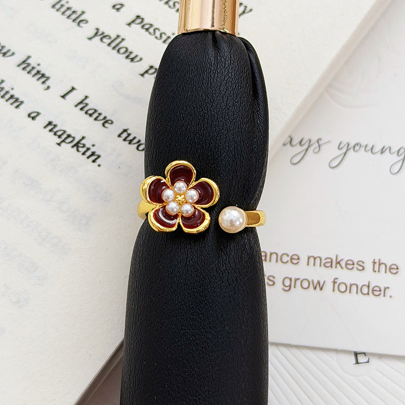 Women's Sweet Retro Affordable Luxury Colorful Enamel Flower Pearl Diamond Asterism Rings