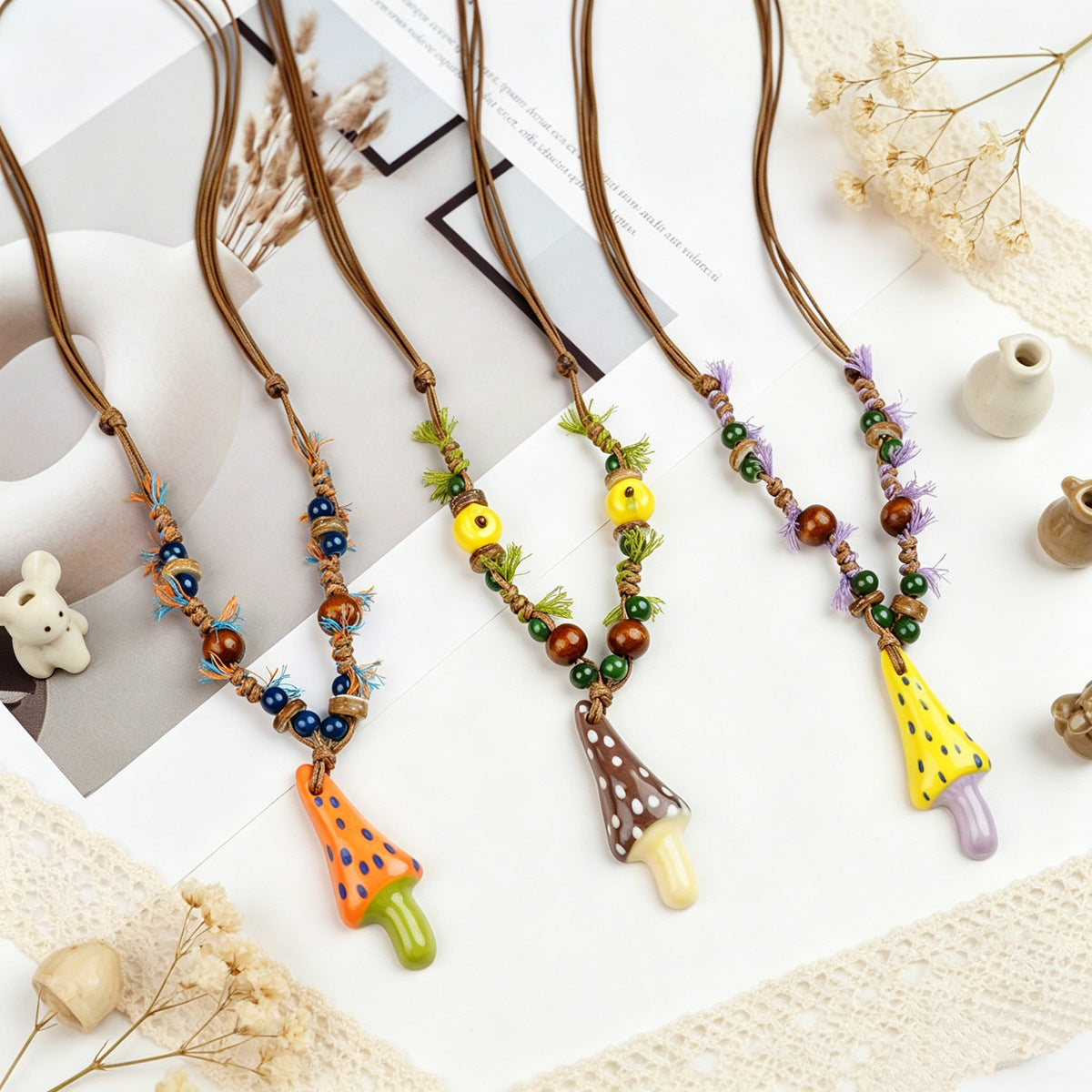 Women's Dopamine Color Ceramic Mushroom Long Woven Necklace