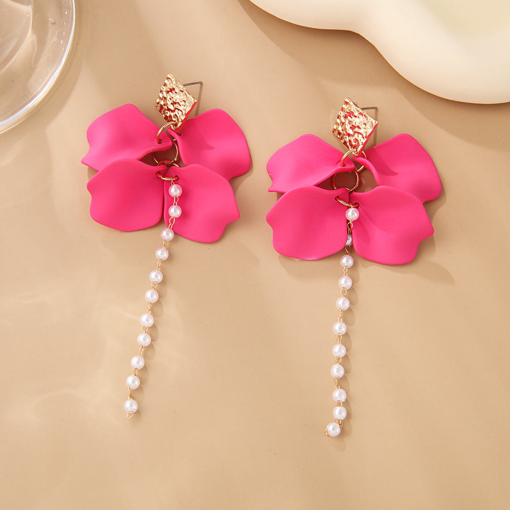 Style Red Blue Colorful Petals Pearl Long Trend Earrings