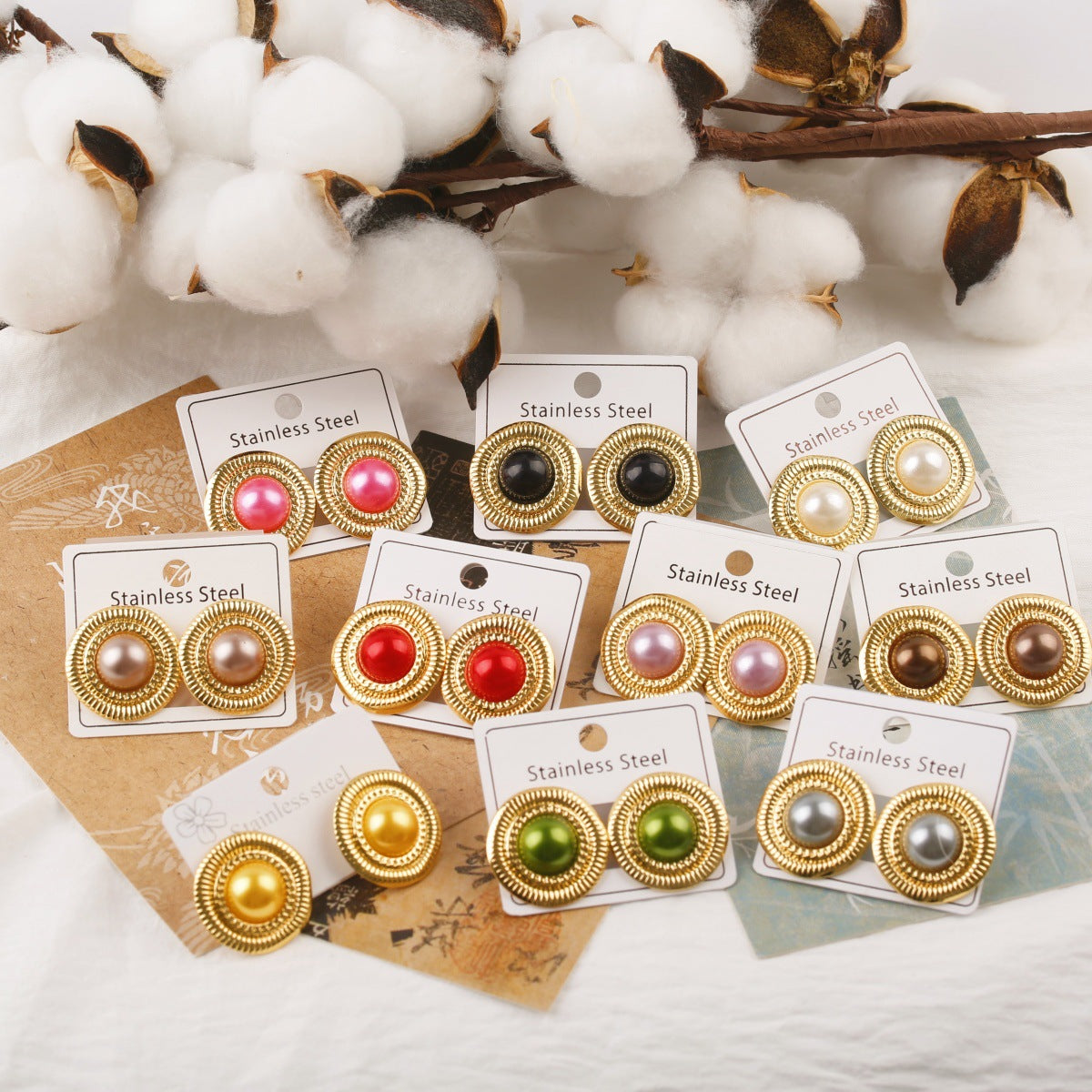 Stainless Steel Natural Stone Sunflower Cat's Earrings