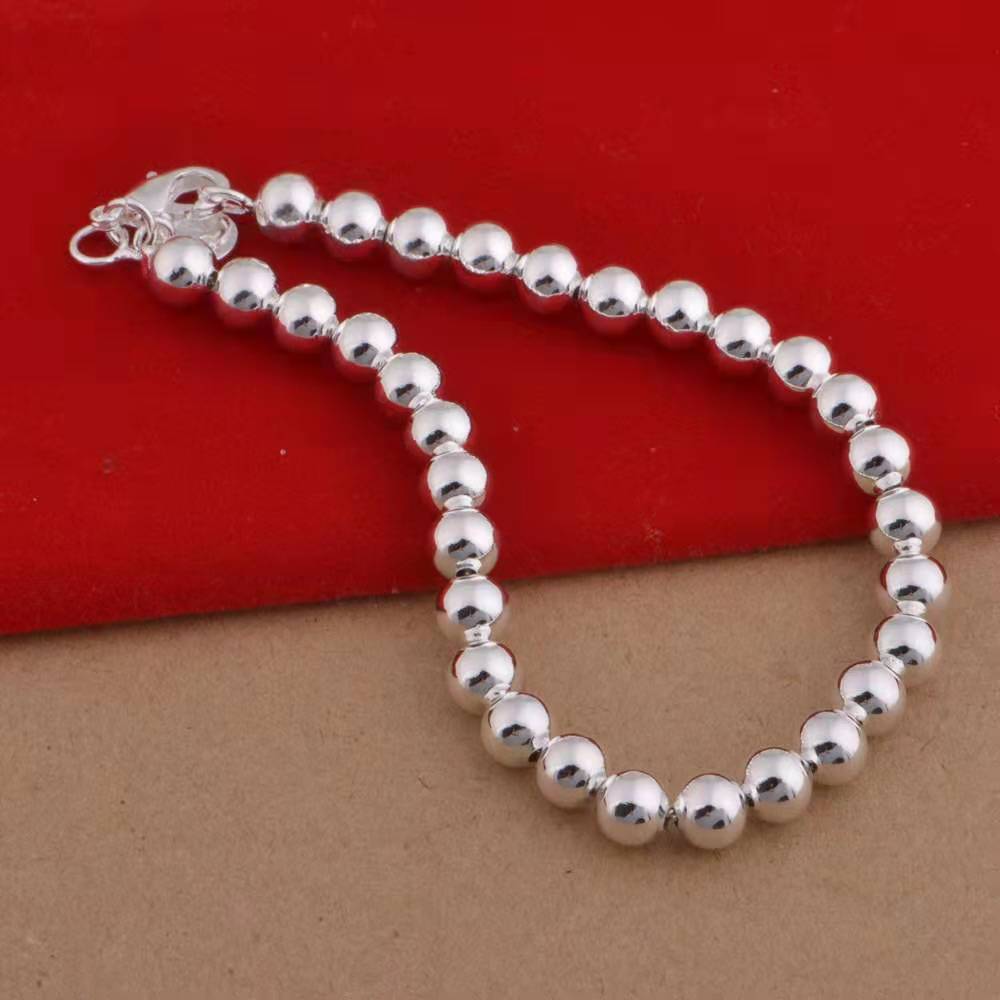 Women's White Copper Sier Plated Full Glossy Round Beads Bracelets