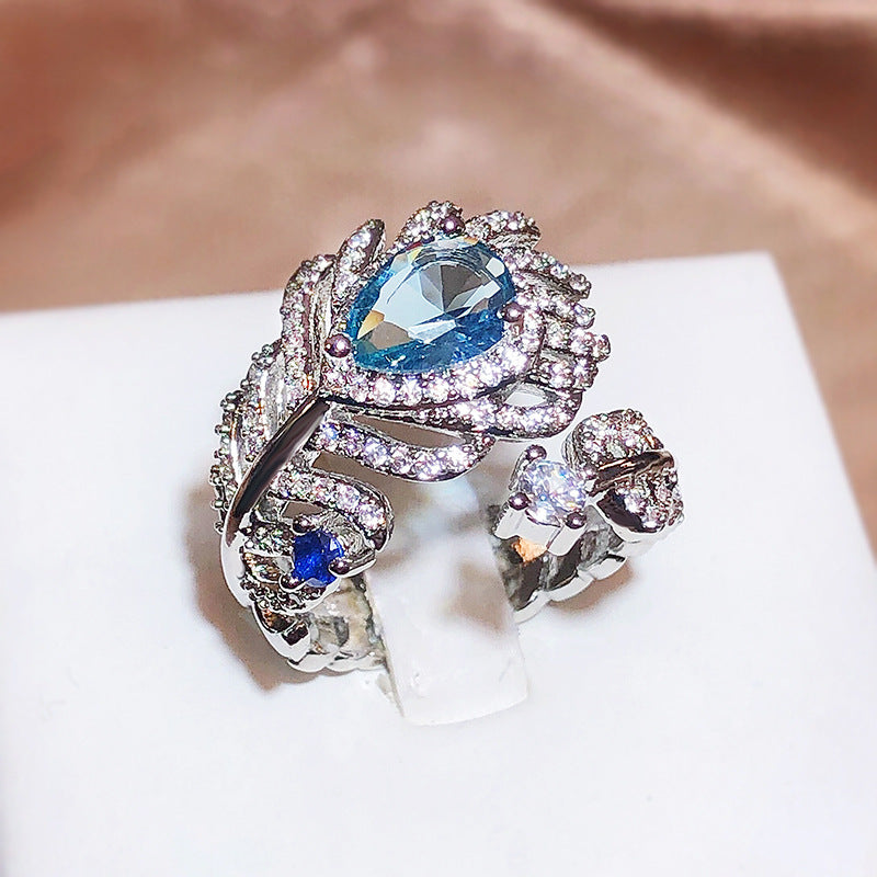 Women's Live Blue Zircon Feather Opening Adjustable Rings