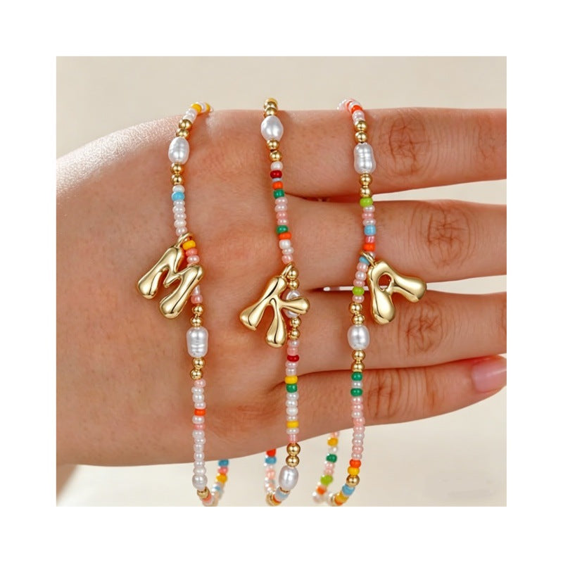 Best-selling Bubble Gold English Letter Color Small Beads Pearl Necklace