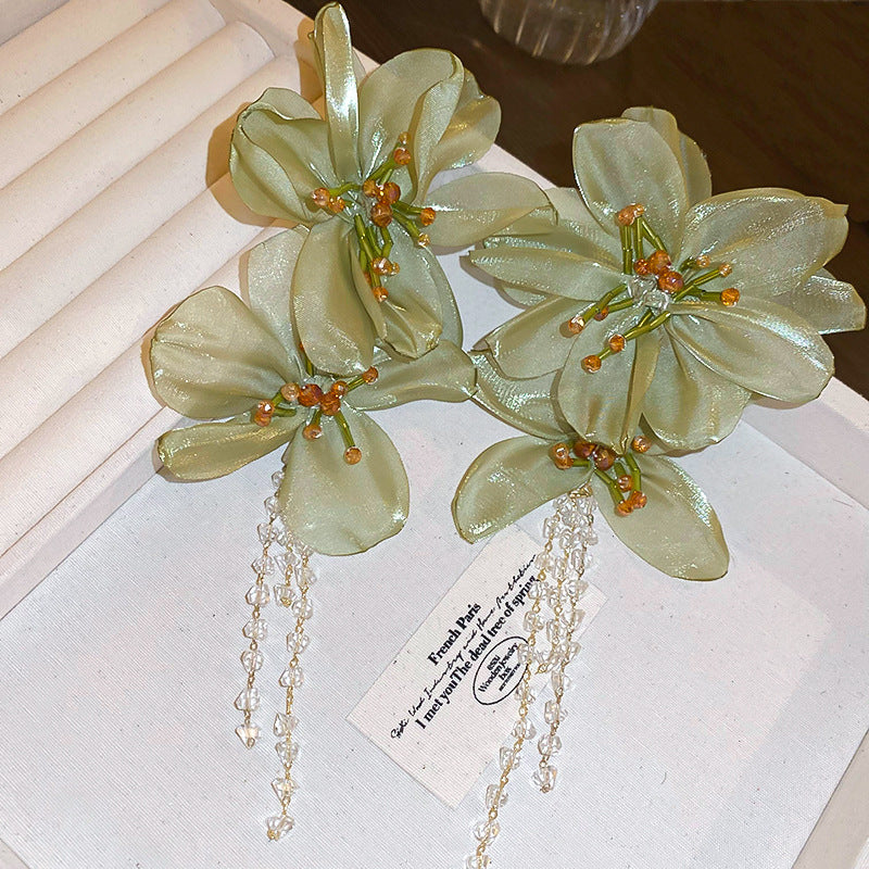Women's Flower Artificial Crystal Tassel Sier Pin Personalized Minority Earrings
