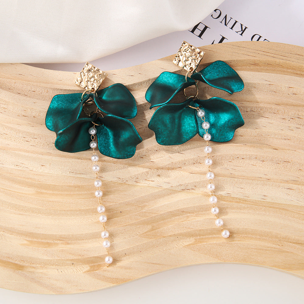 Style Red Blue Colorful Petals Pearl Long Trend Earrings