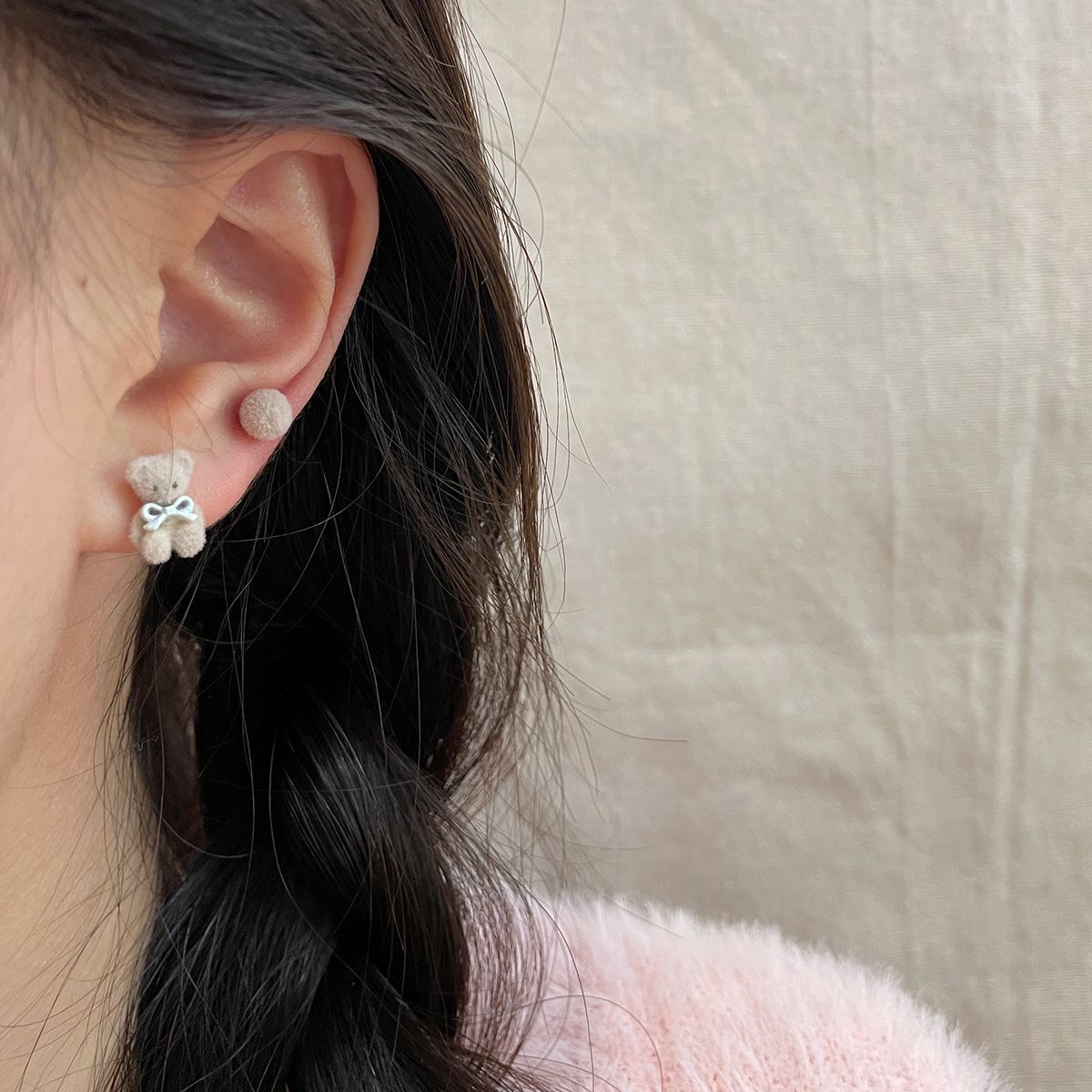 Red Flocking Cute Bear Ear Suit Earrings