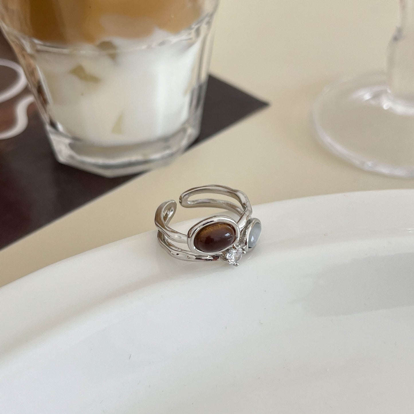 Simple Two-color Natural Stone Open Female Fashion Unique Design Finger Ring