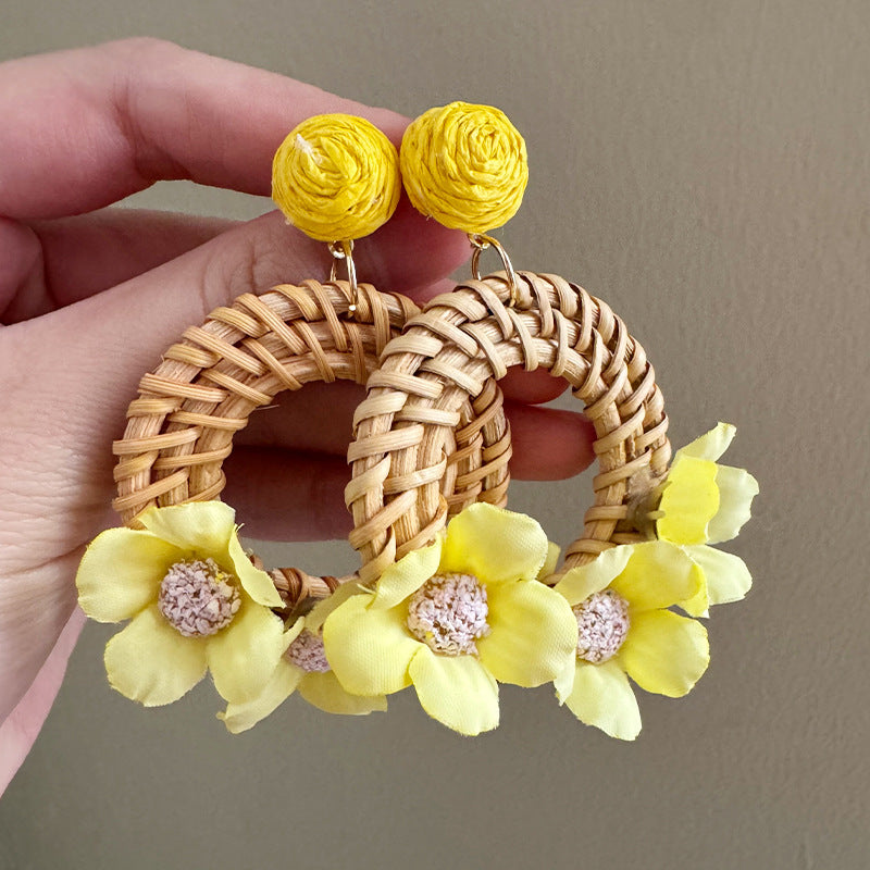 Bohemia Style Exaggerated Rattan Geometric Round Flower Unique Rings