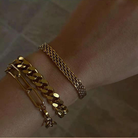 Retro Mesh Titanium Steel Gold-plated Wide Female Designer Bracelets