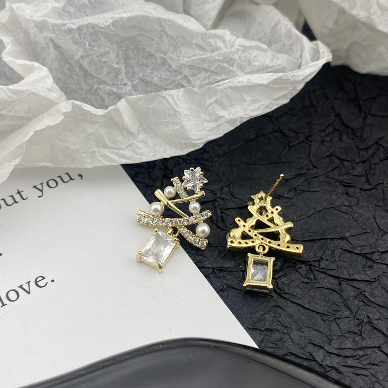 Christmas Light Luxury Pentagram Unique Cross Geometric Square Zircon Tree Stud Earrings