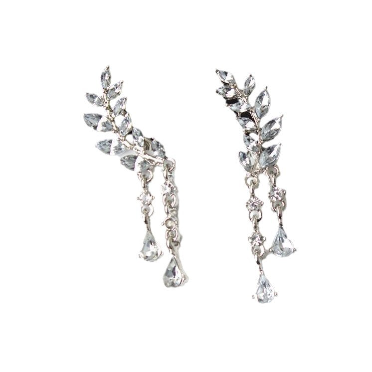 Korean Style Sweet Rhinestone Popular Leaves Tassel Earrings
