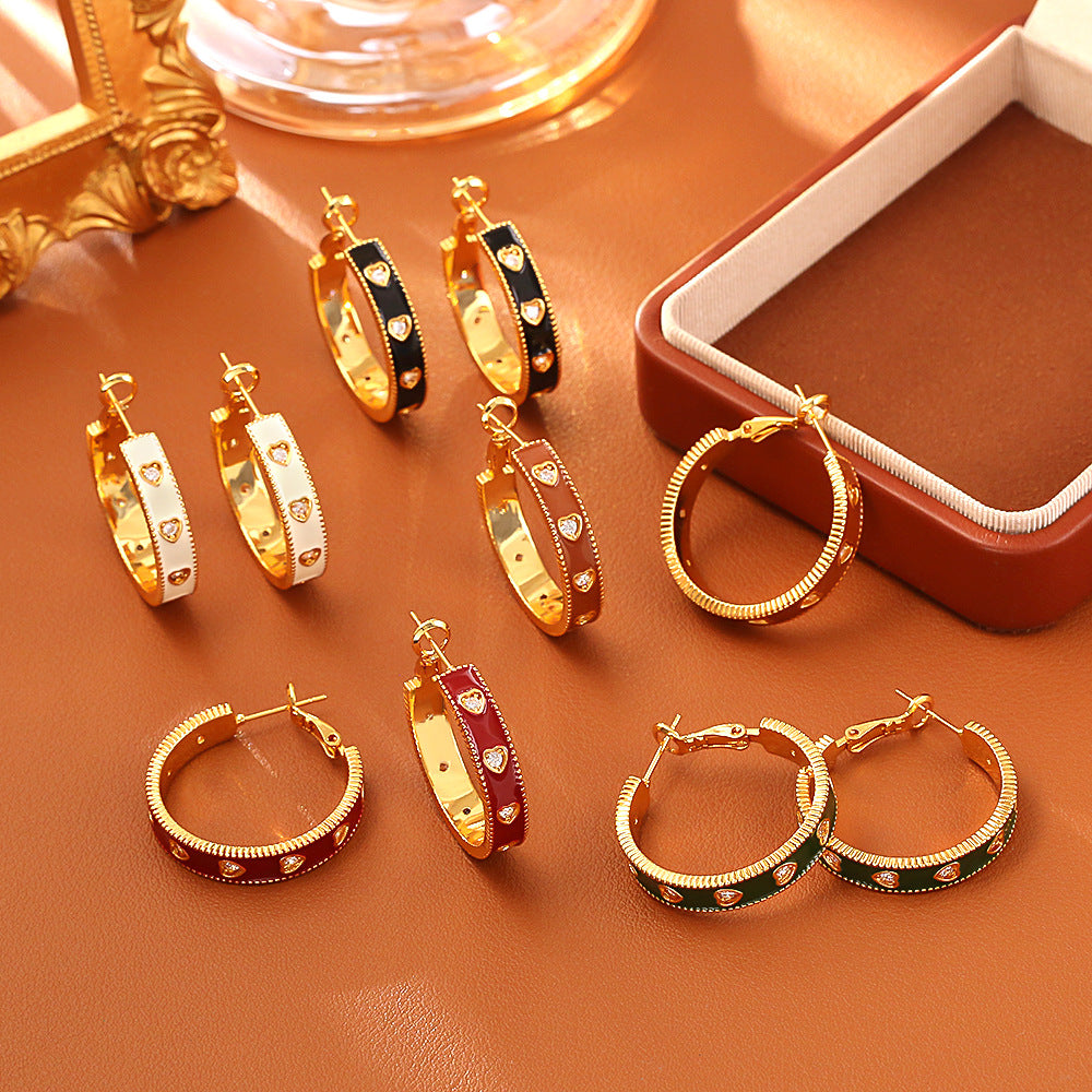 Retro Style Loving Heart Zircon Enamel Fashion Romantic Gentle Earrings