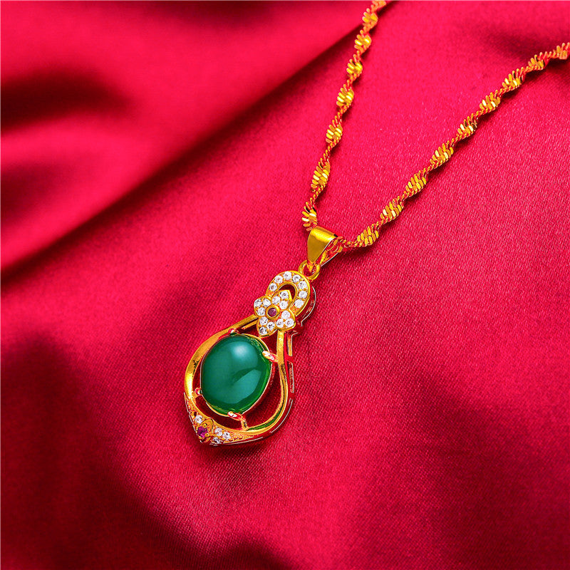 Placer Gold Peacock Imitation Green Chalcedony Female Copper Pendants