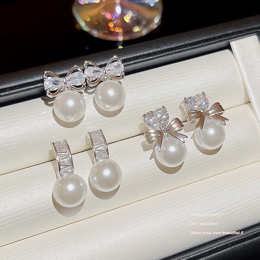 Women's Cute Compact Delicate Pearl Bow Love Earrings