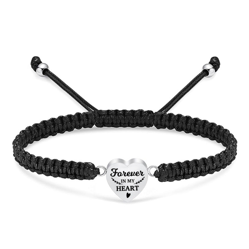 Heart-shaped Cinerary Casket Black Braided Rope Adjustable Stainless Steel Lettering Bracelet