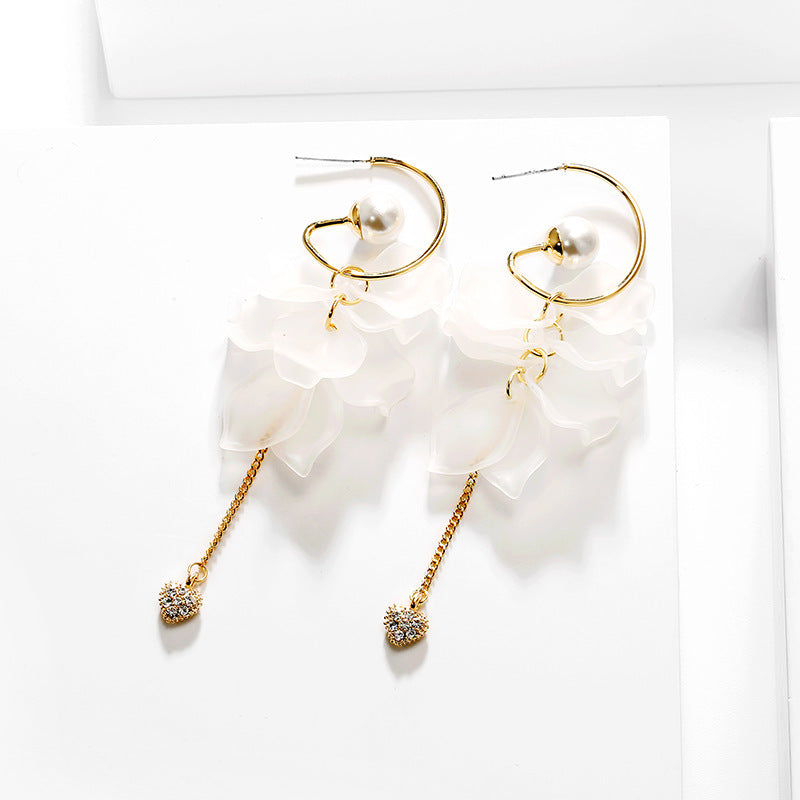 Women's Frosty Style Korean Fashionable Fresh White Petal Long Sier Earrings