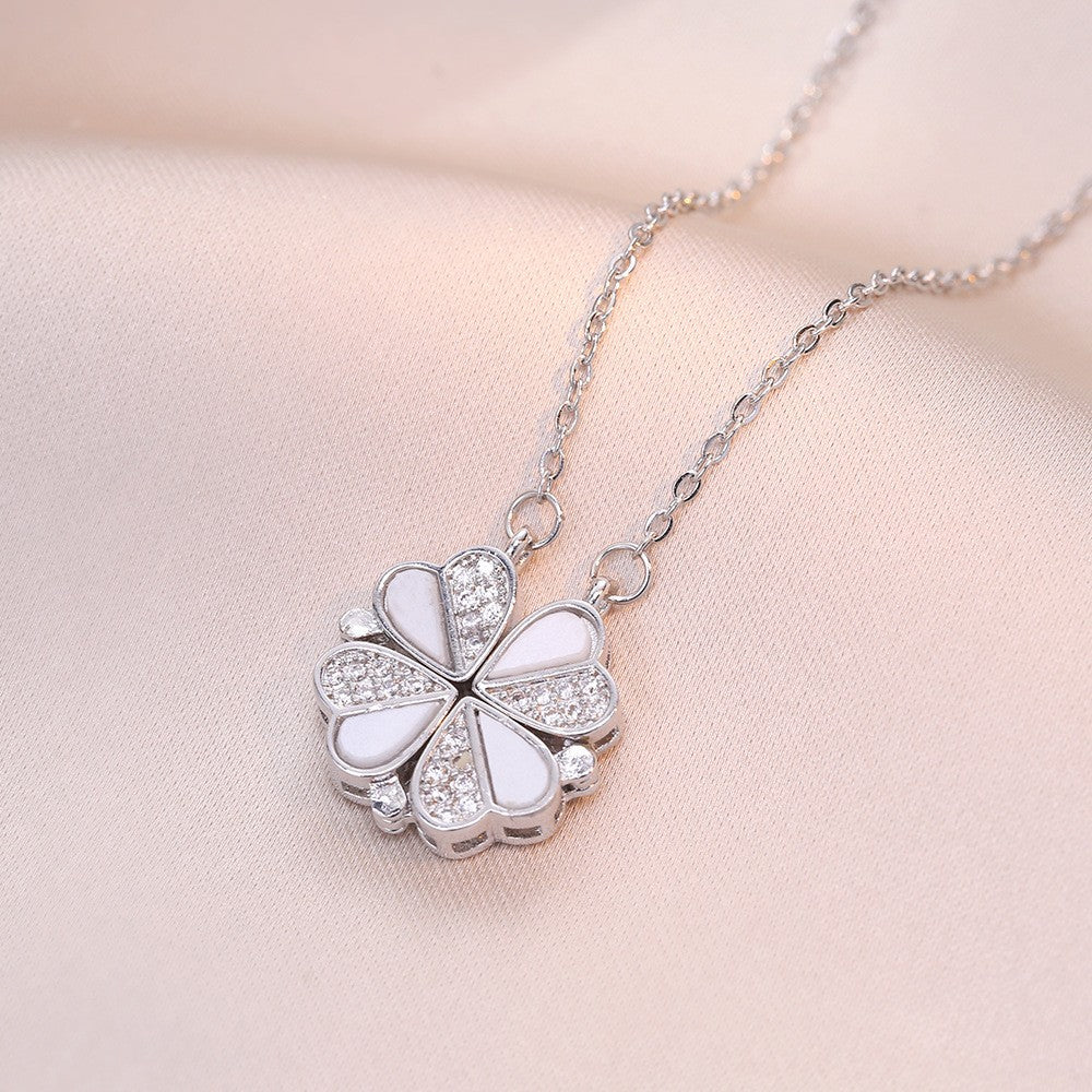 Women's Steel Cross Chain Open Close Four-leaf Flower Necklace