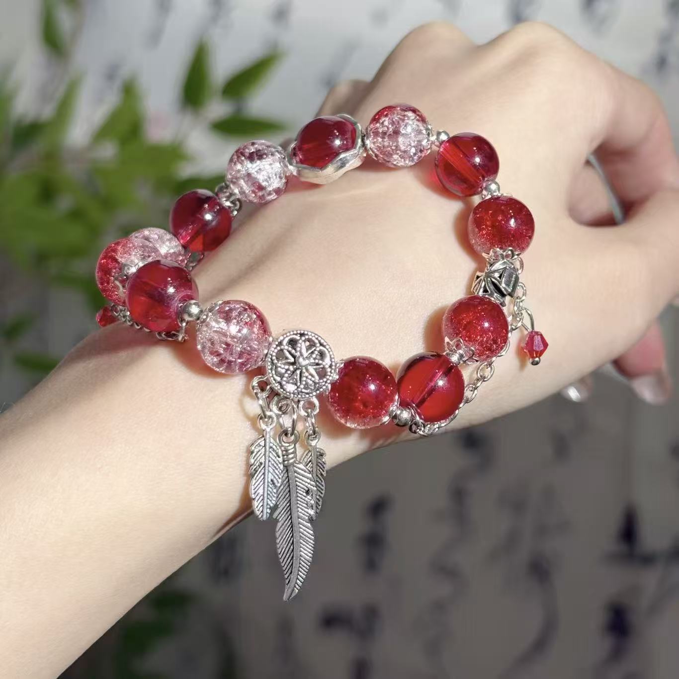 Pink Beaded Sweet Temperament White Bow Bracelets