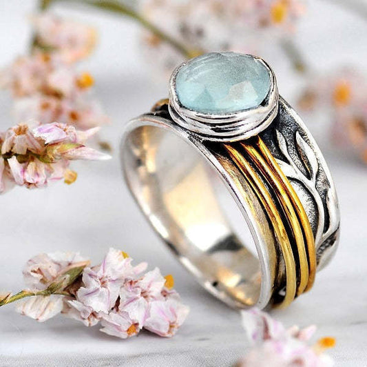 Retro Light Sapphire Two-tone Distressed Ladies Ring
