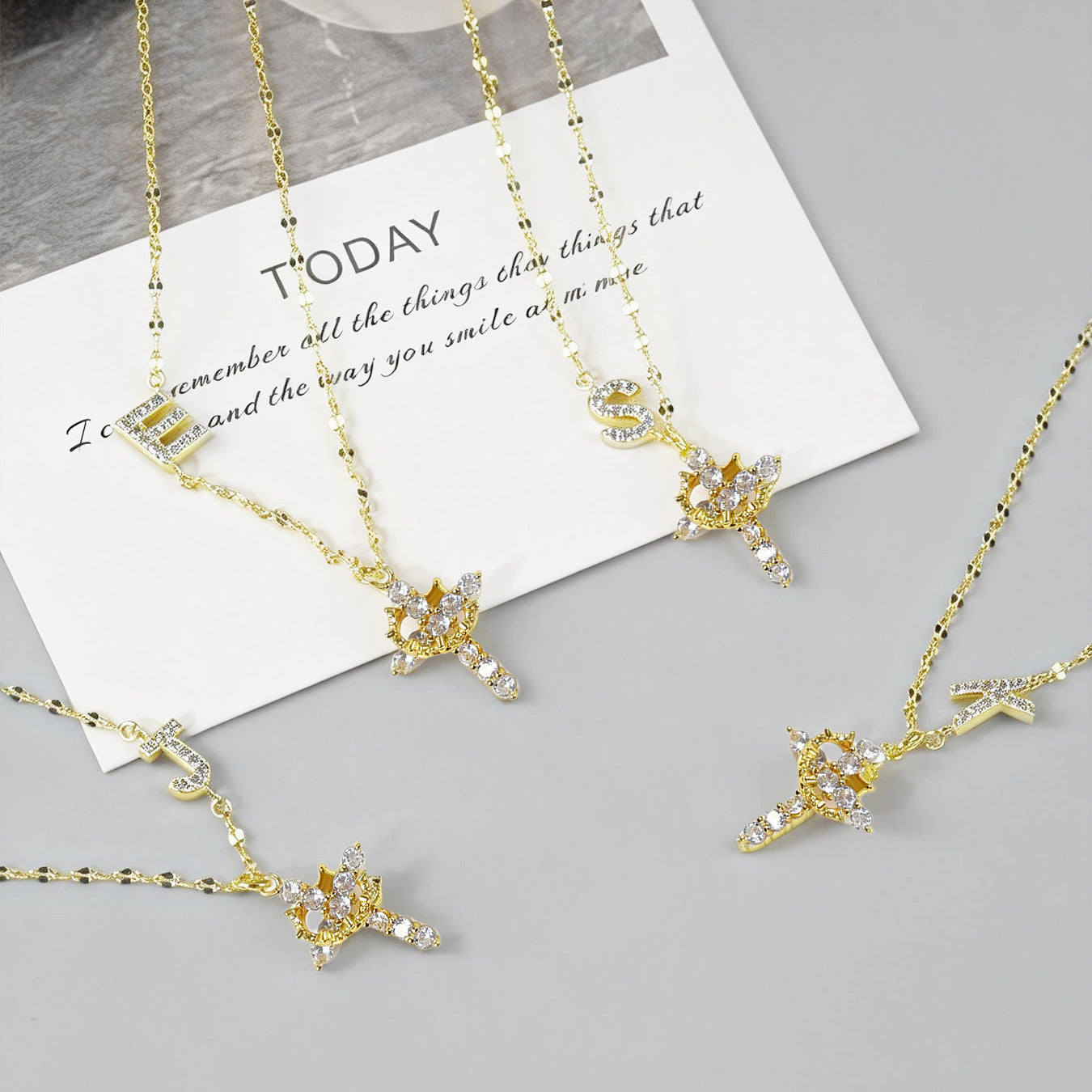 Full Diamond Rotatable Crown Cross With Letters Gold-plated Necklace