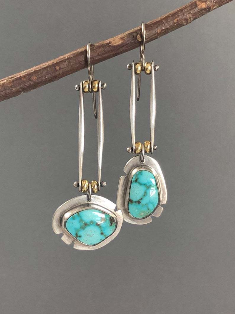 Women's Turquoise Two-tone Irregular Vintage Fashionable Asymmetric Earrings