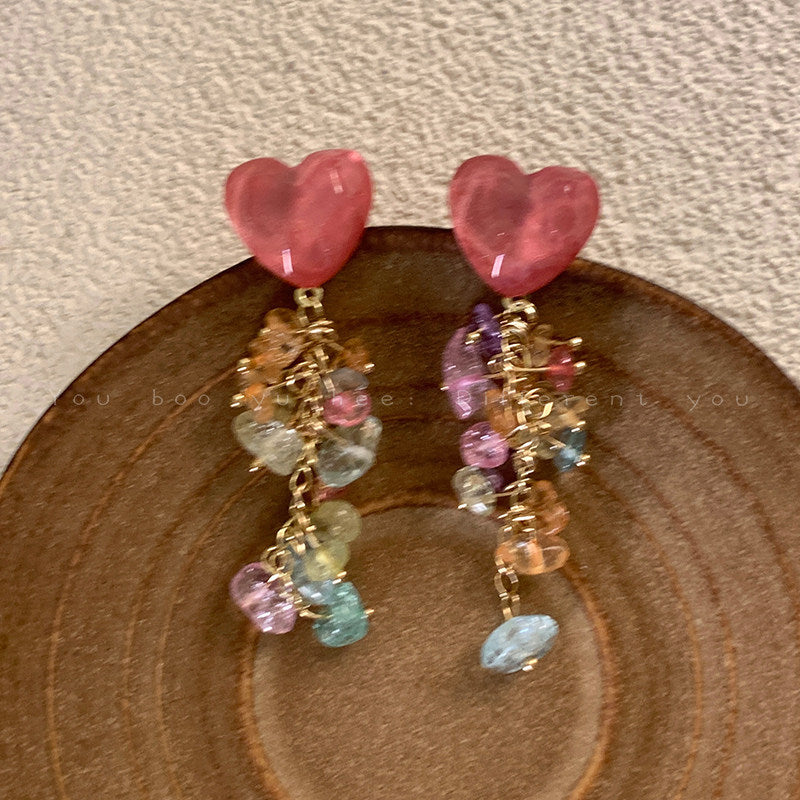 Loving Heart Gravel Tassel Exaggerated Vacation Style Stud Earrings