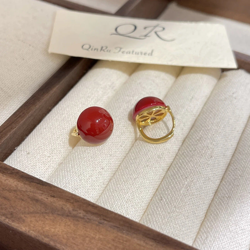 Red Bean Ear Clip Temperament Wild Stylish Round French Retro Earrings