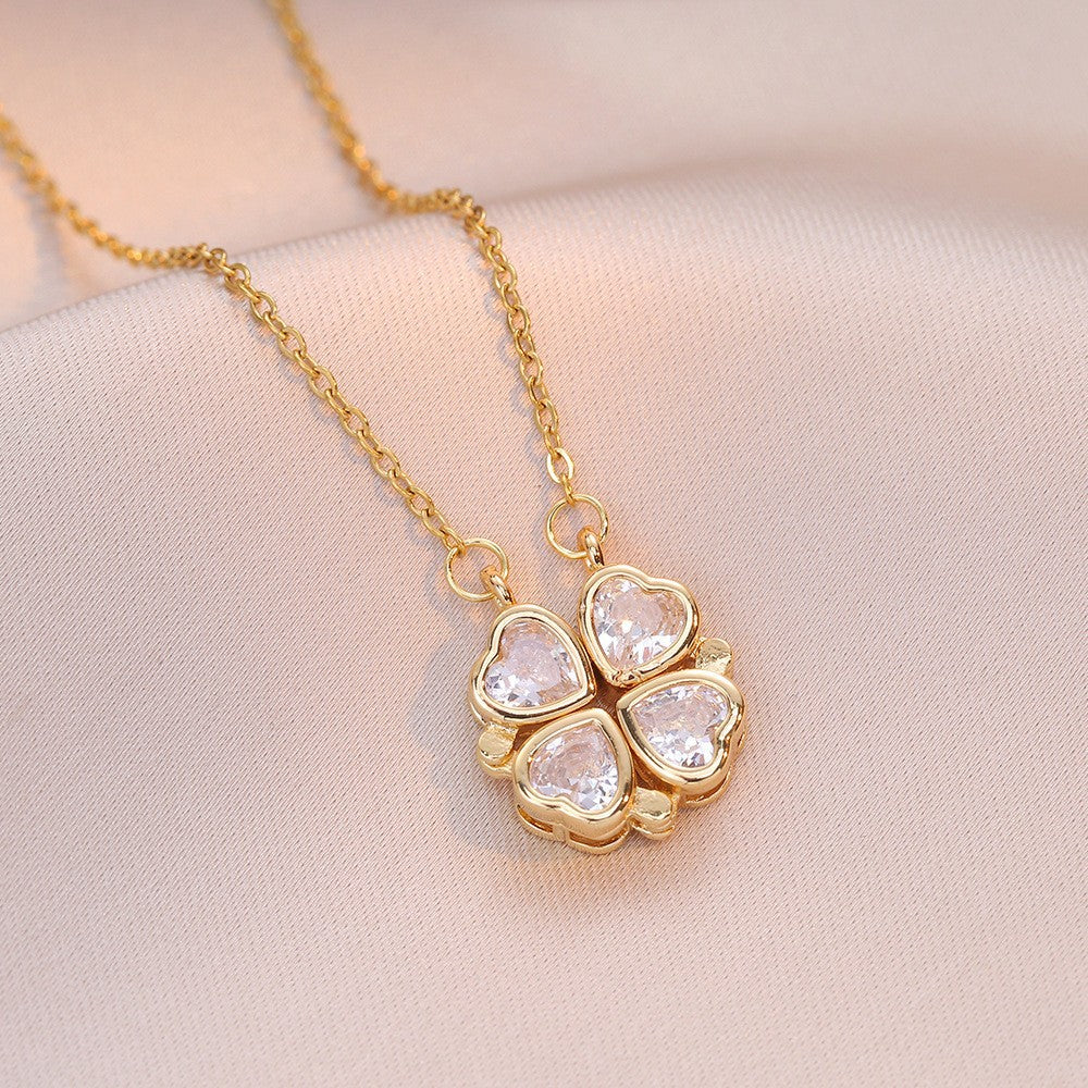 Women's Steel Cross Chain Open Close Four-leaf Flower Necklace