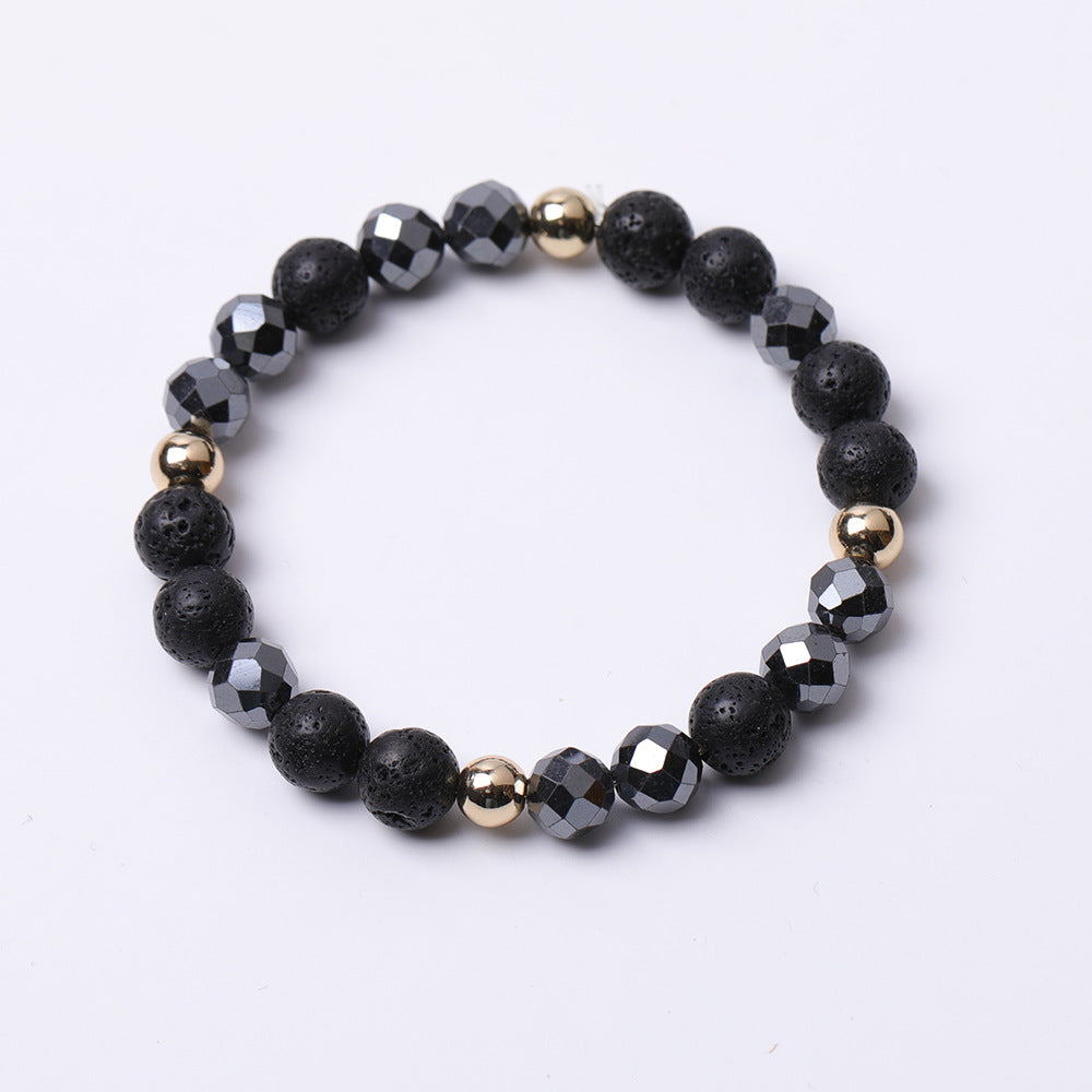 Women's & Men's Black Flash Mixed White-barked Pine Volcanic Rock Diamond-shaped Iron Ore Bracelets