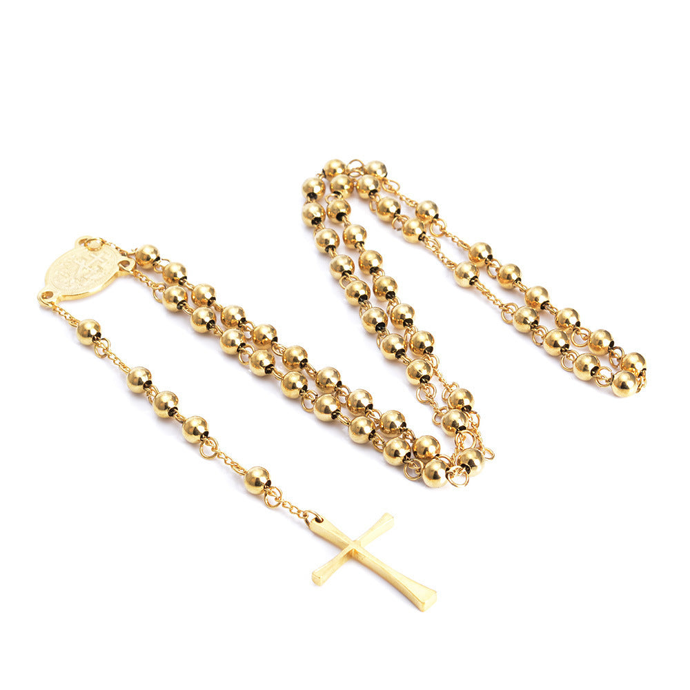 Women's & Men's Stainless Steel Cross Titanium Beads Gold-plated Necklace