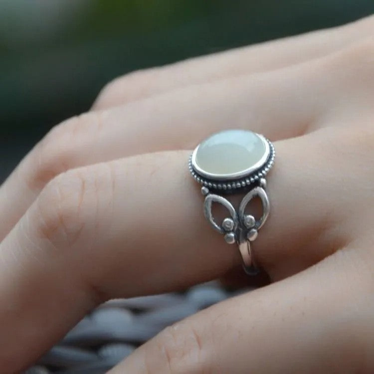 Thai Sier Distressed Sterling Jade Egg Noodle Exquisite Ring