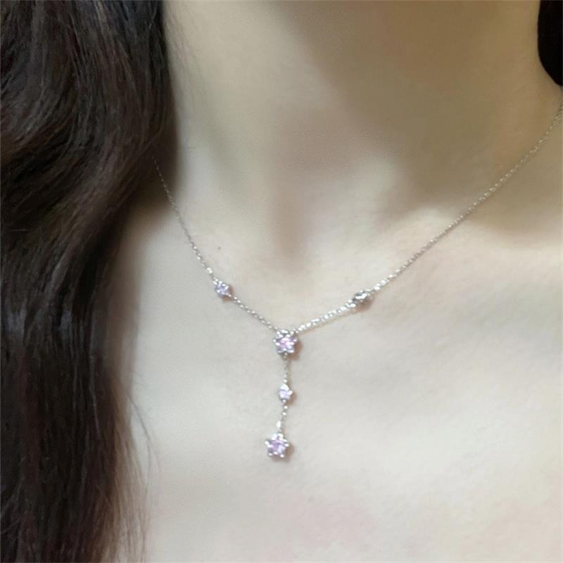 Female Pink Zircon Pentagram Tassel Clavicle Necklace