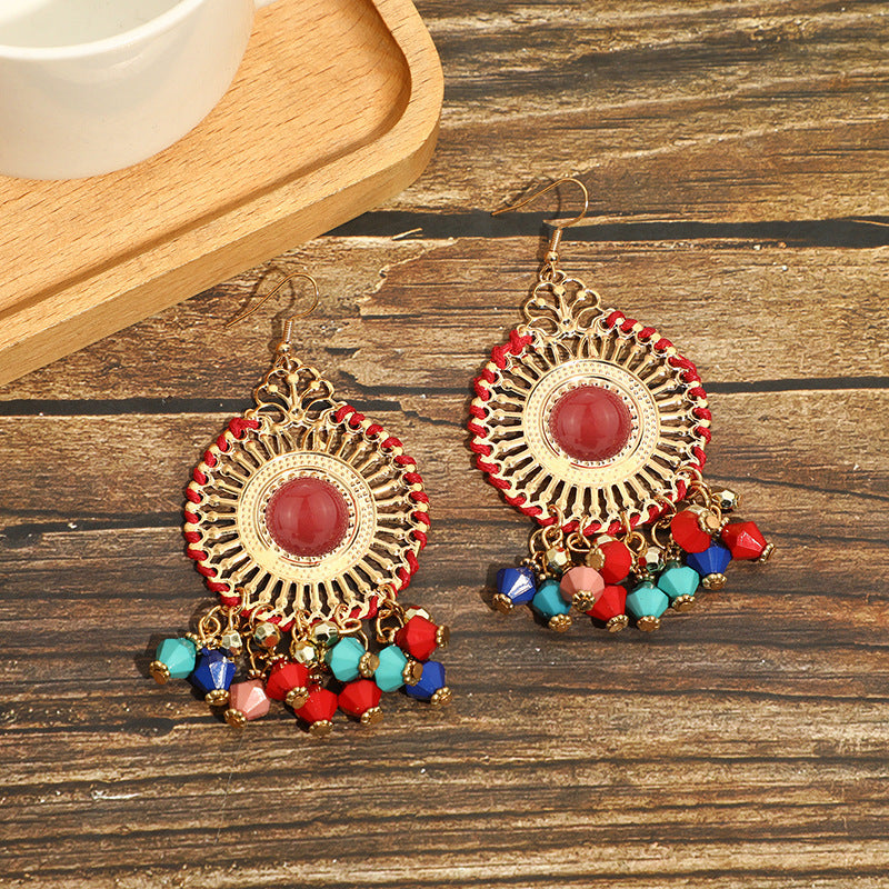 Women's Ethnic Style Bead Tassel Hand-woven Yunnan Earrings