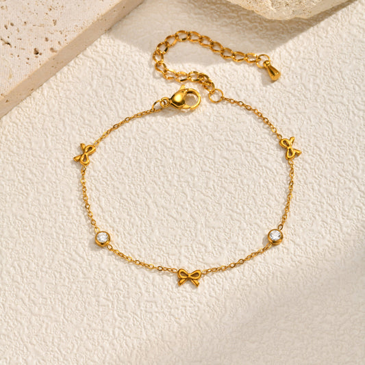 Women's Stainless Steel Flat Cross Chain Zircon Bow Bracelet