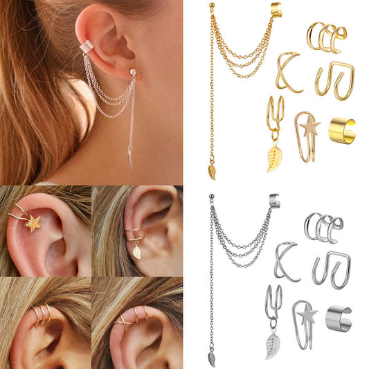 Metal Leaves Tassel Ear Clip Earless Personality Natural Earrings