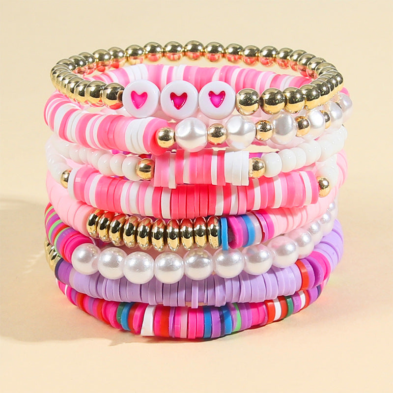 Women's Rainbow Pearl Heart-shaped Beaded Polymer Clay Bracelets