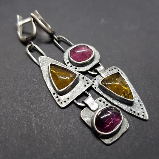 Women's Retro Geometric Triangle Metal Purple Orange Asymmetric Gift Earrings