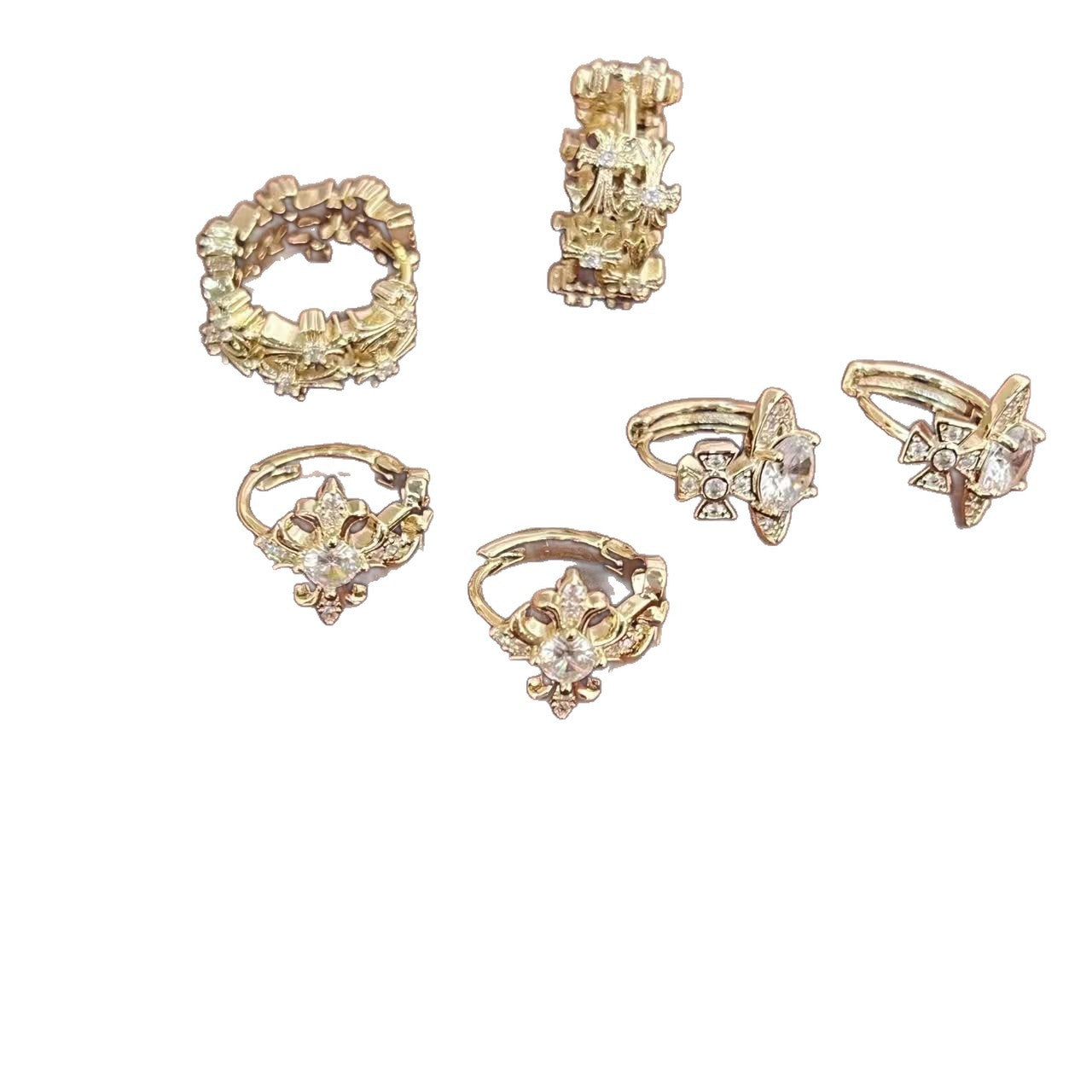 Retro Coffee Golden Cross Flower-de-luce Planet Ear Clip Earrings