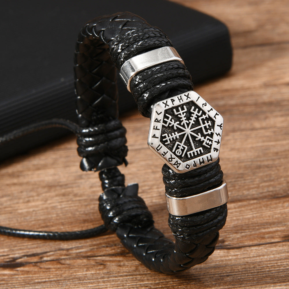 Men's Vintage Hand-woven Beads Metal Scripture Leather Bracelets