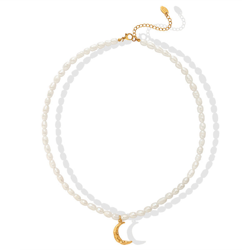Natural Freshwater Short Pearl Titanium Steel Gold-plated Necklace