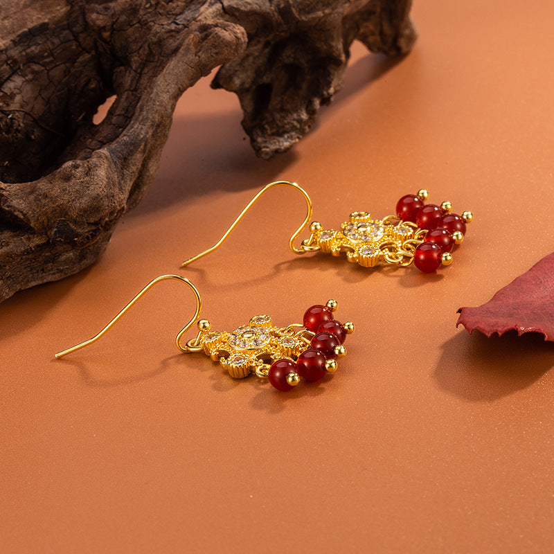 Women's Rhinestone Imitation Red Agate Tassel For Vintage Court Beaded Ear Earrings