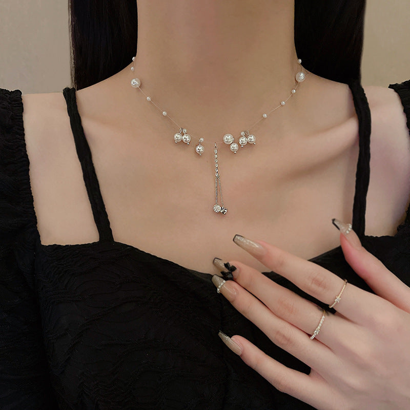 Women's Zircon Tassel High-grade Vintage Pearl Fishline Clavicle Chain Necklace