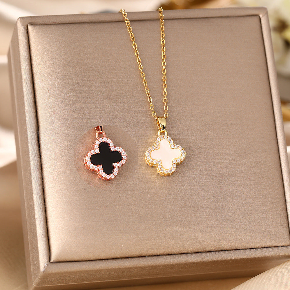 Women's Clover Black White Light Luxury Sweater Chain Double-sided Necklace