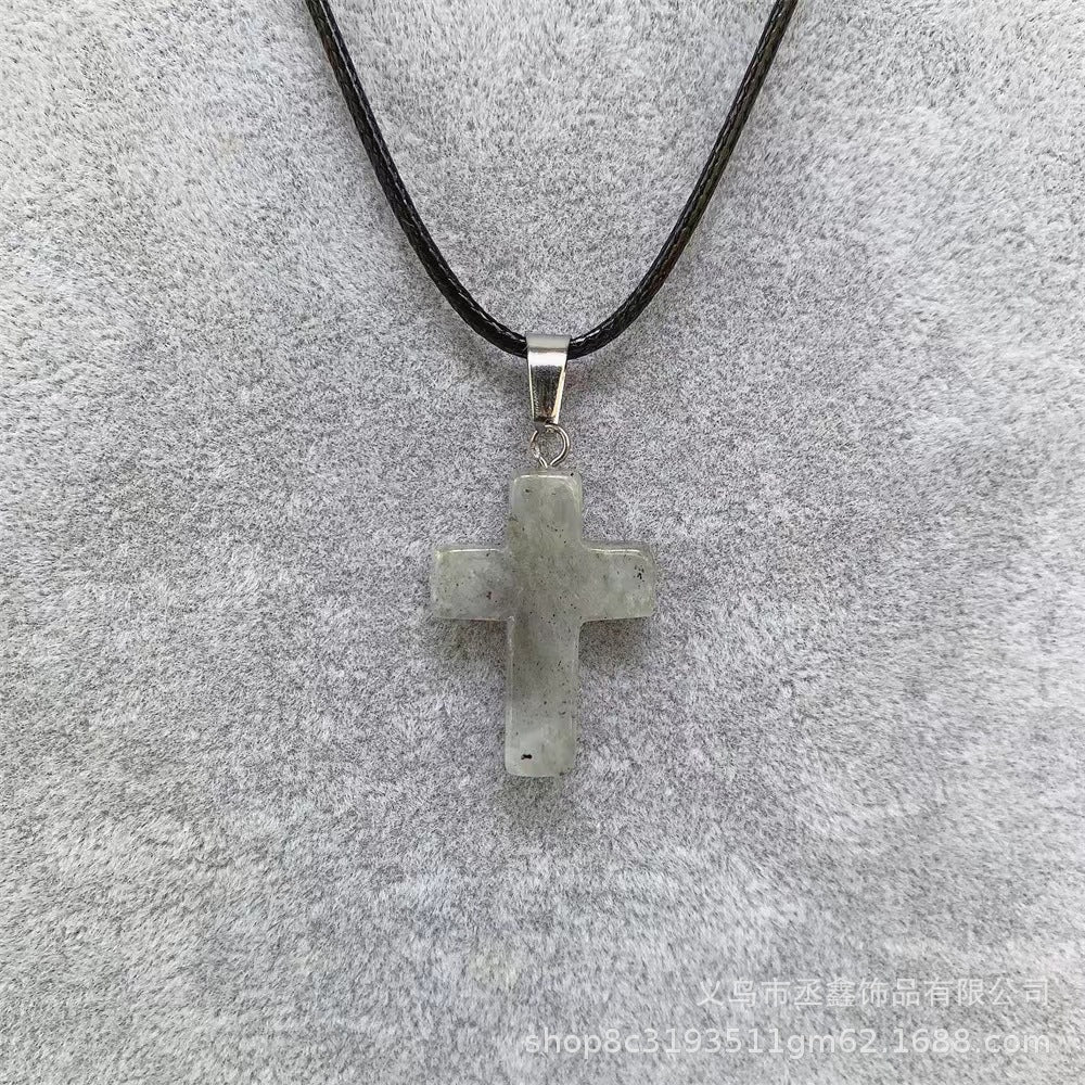 Natural Stone Crystal Cross Pink Green Pendants