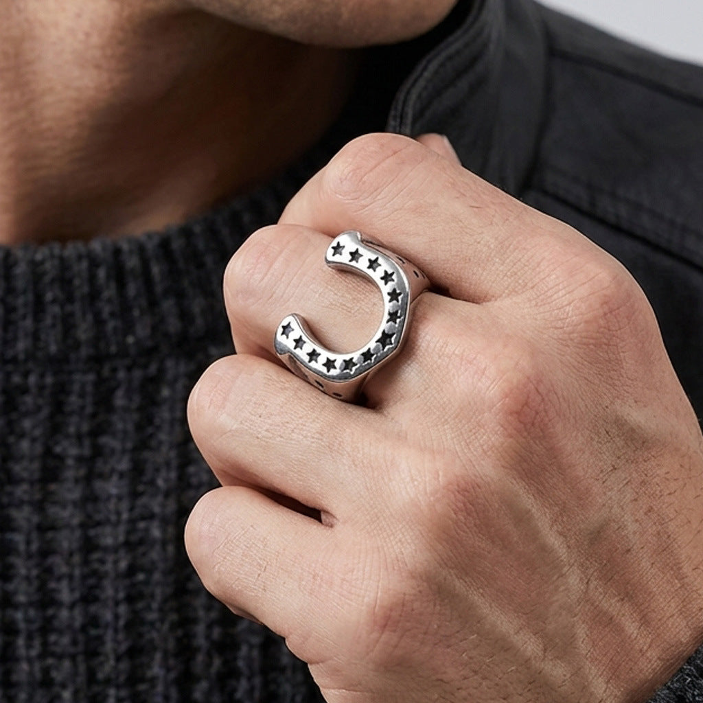 Men's Stainless Steel Six-pointed Star Domineering Five-pointed Ring